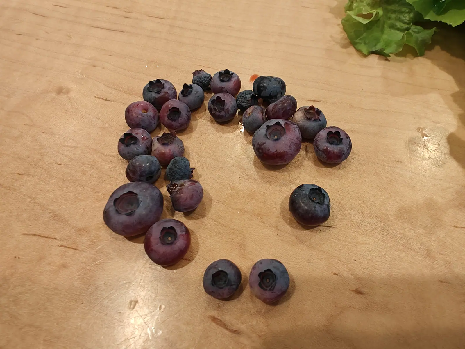 Two dozen High Bush blueberries loose on the board on 29 June, no two alike — plump ones next to shriveled matte-black ones, two still blushed dull red around the middle, and the gray bloom rubbed off in patches to the wine-purple underneath.