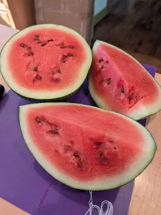 Cut fruit on a purple board on 10 August, one half laid face up and two thick wedges beside it, the flesh deep pink-red with a coarse glistening grain radiating out of a small hollow heart and flat chestnut seeds set in slightly darker pockets.