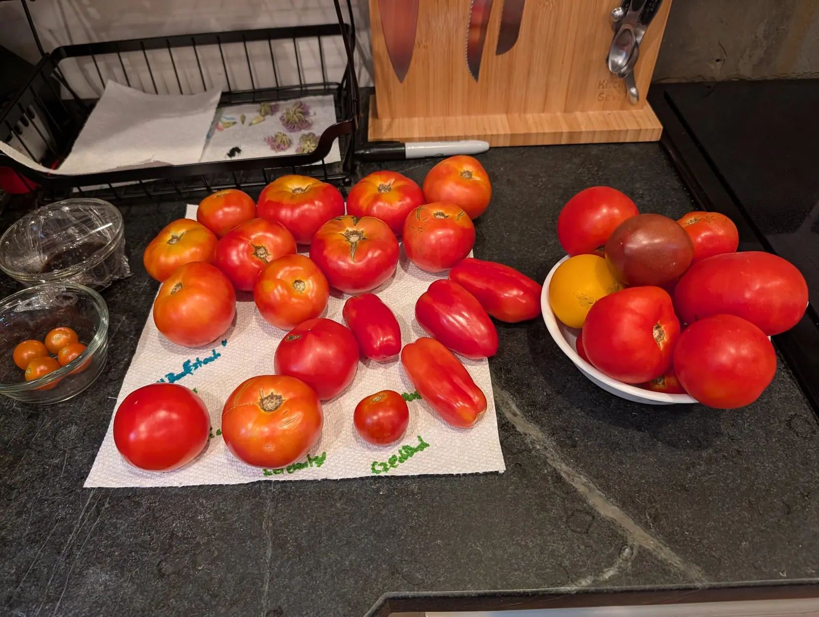 Nineteen ripe fruits on a written-over paper mat on 8 August, red through the body with the shoulders still washed gold and a dry tan starburst at nearly every stem, pale rays running down from it; in the bowl beside them, one gone matte purple-brown.