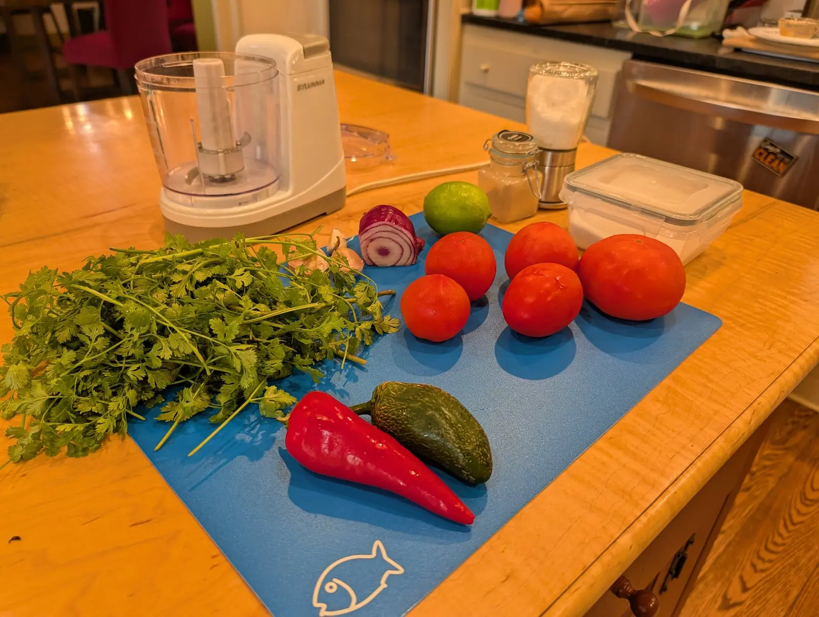 Ingredients gathered on a blue cutting mat on 8 August: a bunch of flat three-lobed leaves fanned across it, five wet red fruits, one deep green globe, and half a bulb cut face-up, its rings running from deep magenta at the rim to white at the center.