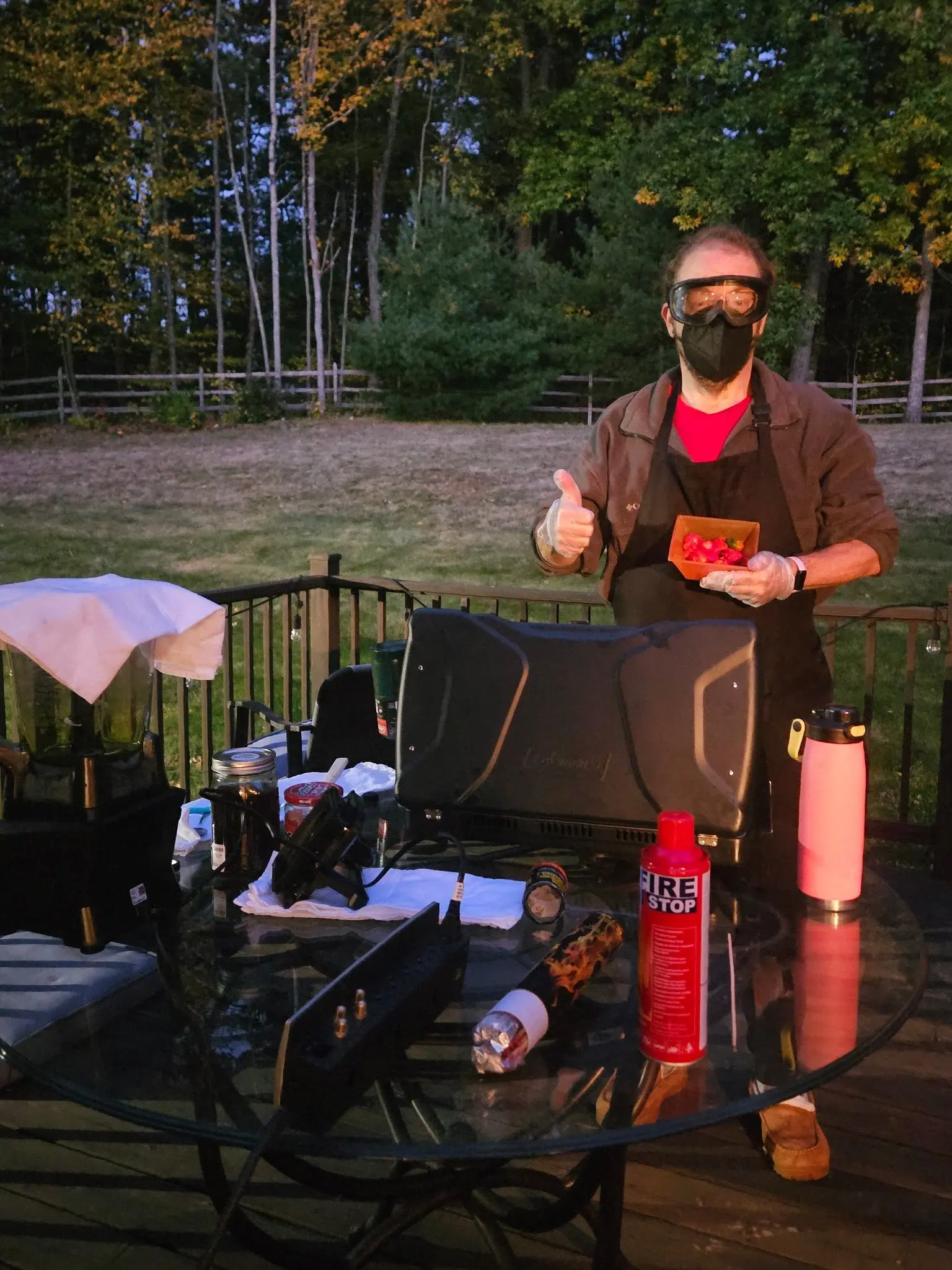 A dozen small glossy fruits, short and lumpy and wrinkled rather than long and smooth, ride in a kraft tray on 10 October, mostly scarlet with a few orange and one yellow-green. Goggles, respirator and gloves on, thumbs-up at dusk.