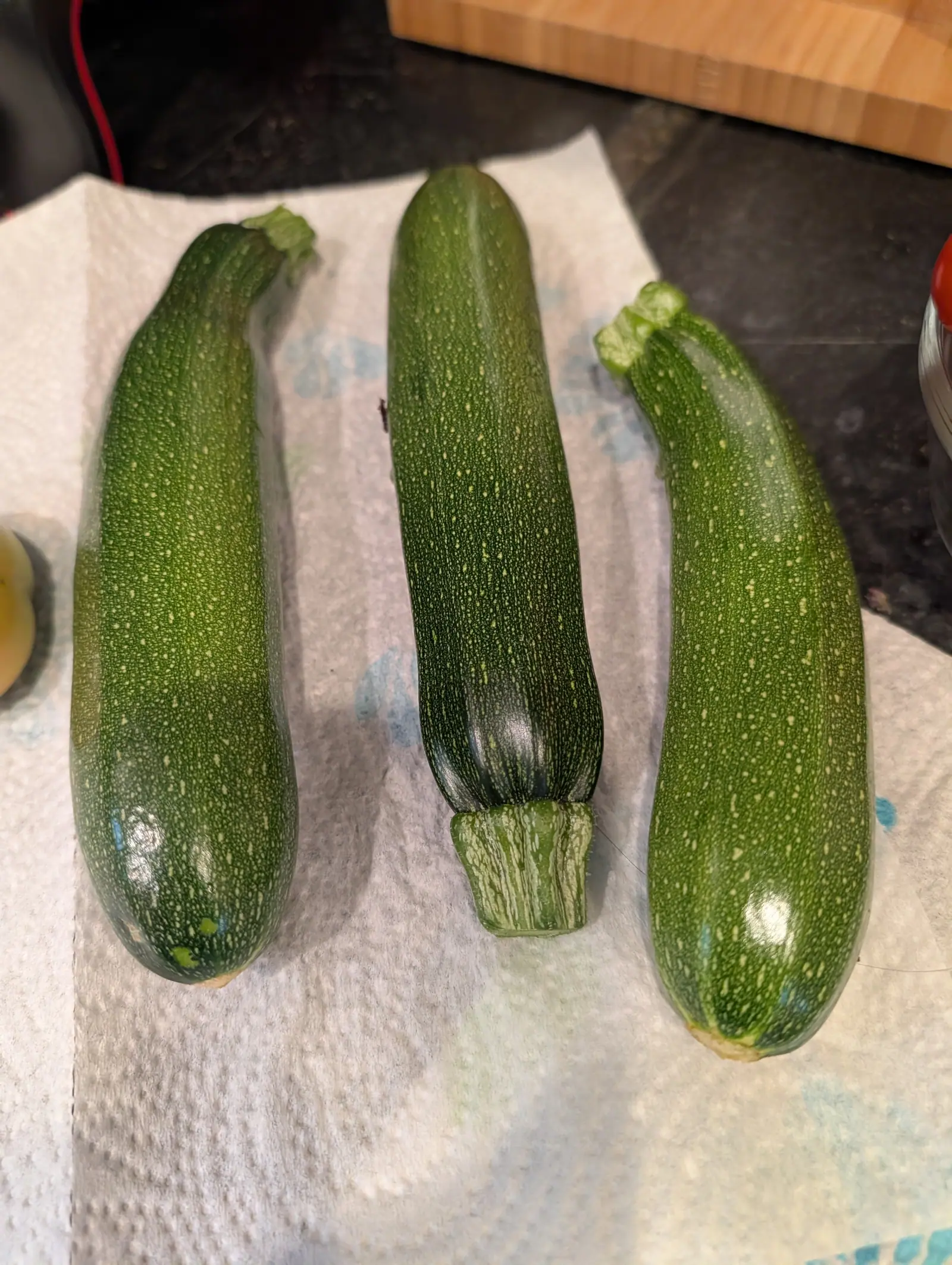 Three dark green zucchini on 17 July, of even girth end to end and freckled all over with small cream flecks that crowd closer toward the middle, each cut stem left blocky, deeply ribbed and bristly, laid out to drain under flat kitchen light.